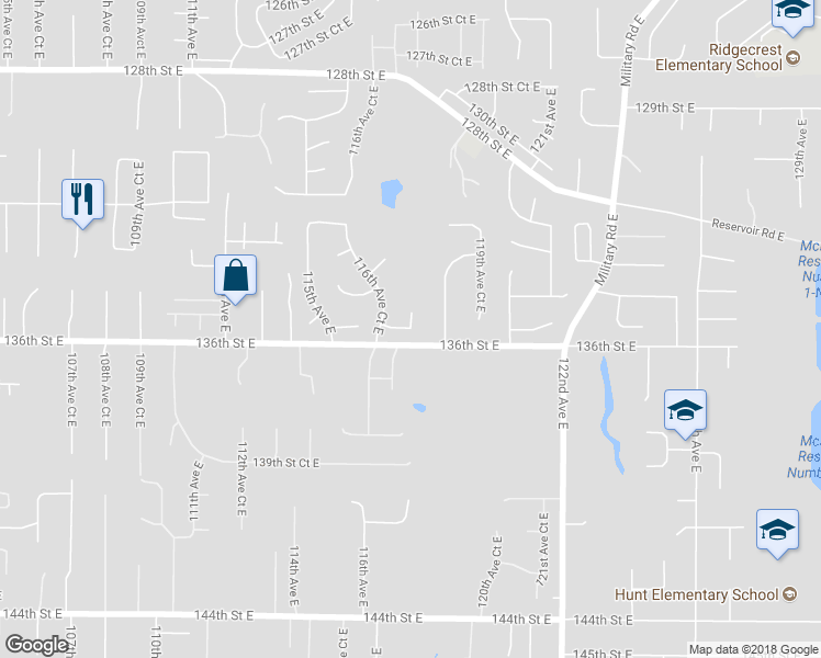map of restaurants, bars, coffee shops, grocery stores, and more near 18818 135th Street Court East in South Hill