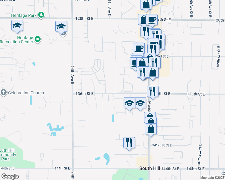 map of restaurants, bars, coffee shops, grocery stores, and more near 13524 98th Avenue Court East in Puyallup