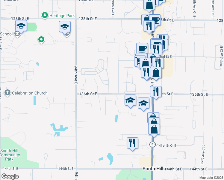 map of restaurants, bars, coffee shops, grocery stores, and more near 13529 97th Avenue East in Puyallup