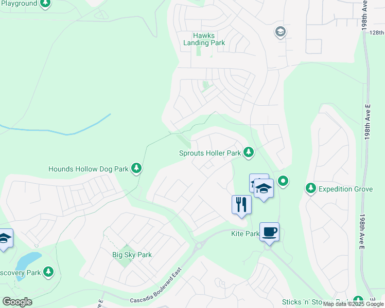 map of restaurants, bars, coffee shops, grocery stores, and more near 13434 188th Avenue East in Bonney Lake