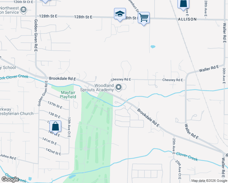 map of restaurants, bars, coffee shops, grocery stores, and more near 1803 137th Street East in Parkland