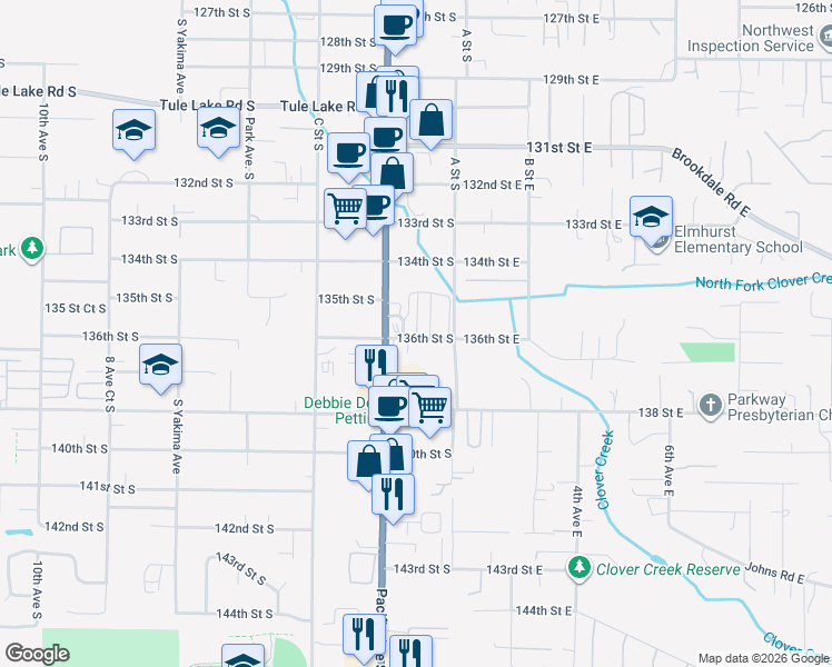 map of restaurants, bars, coffee shops, grocery stores, and more near 120 136th Street South in Tacoma