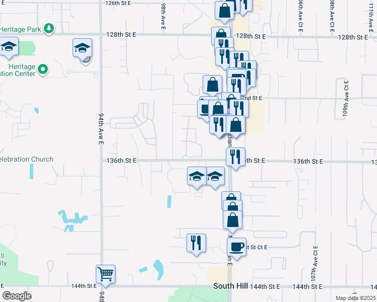 map of restaurants, bars, coffee shops, grocery stores, and more near 9861-9975 136th Street East in South Hill