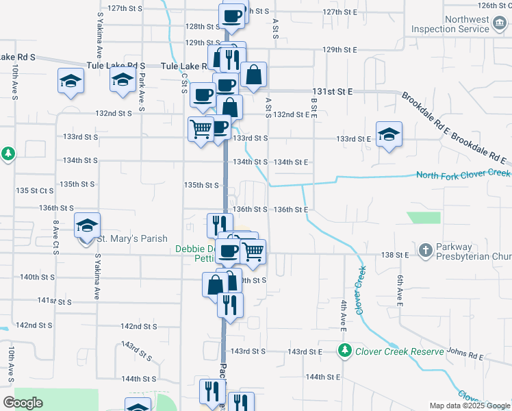 map of restaurants, bars, coffee shops, grocery stores, and more near 159 136th Street South in Tacoma