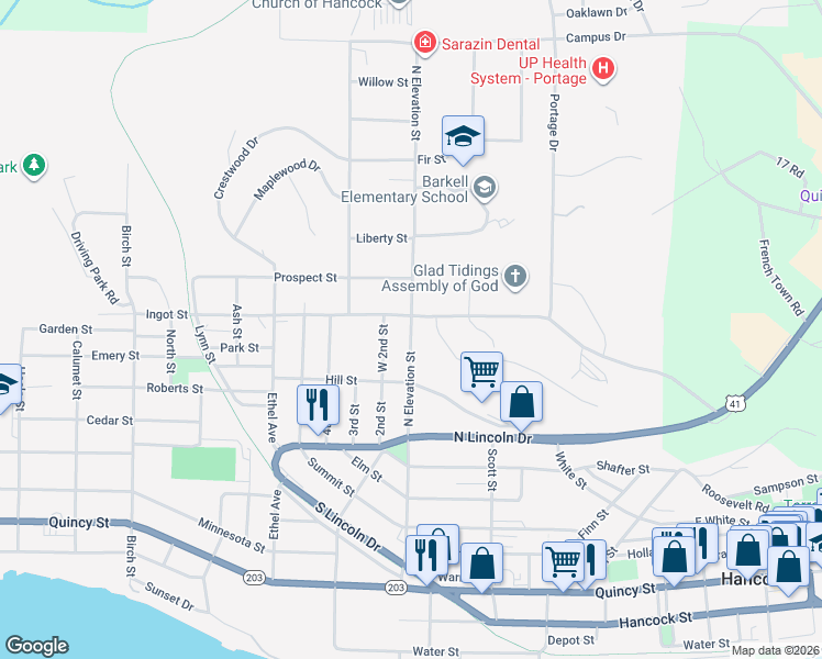 map of restaurants, bars, coffee shops, grocery stores, and more near 1080 North Elevation Street in Hancock