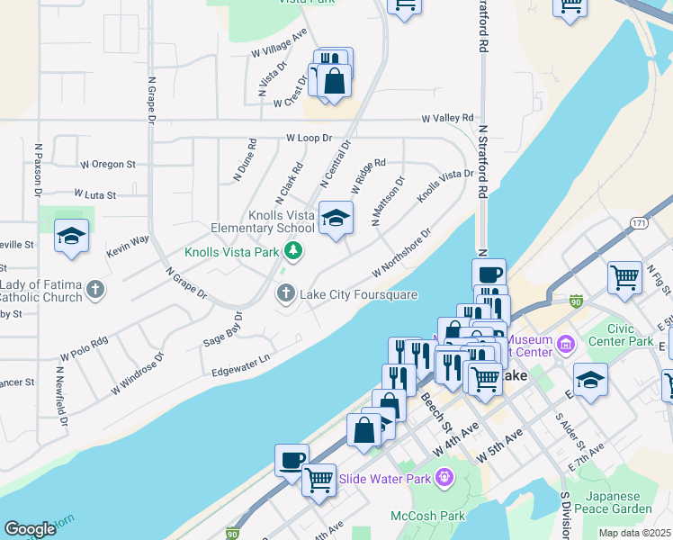 map of restaurants, bars, coffee shops, grocery stores, and more near 419 Knolls Vista Drive in Moses Lake