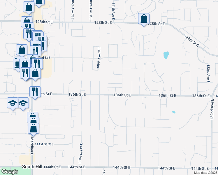 map of restaurants, bars, coffee shops, grocery stores, and more near 13501 110th Avct East in South Hill