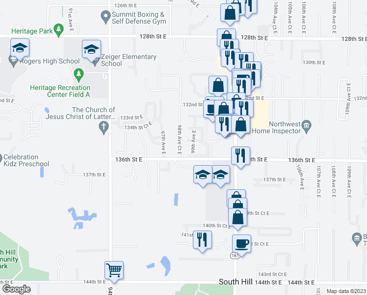 map of restaurants, bars, coffee shops, grocery stores, and more near 13501 98th Avenue Court East in Puyallup
