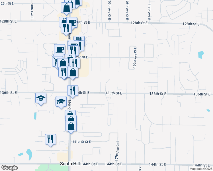 map of restaurants, bars, coffee shops, grocery stores, and more near 13523 106th Avenue East in South Hill