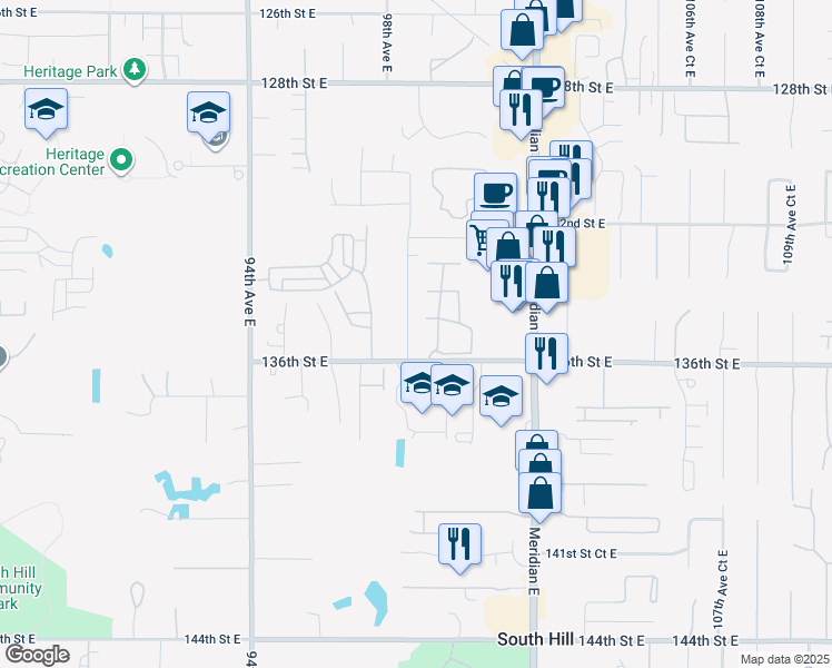 map of restaurants, bars, coffee shops, grocery stores, and more near 13524 98th Avenue Court East in Puyallup