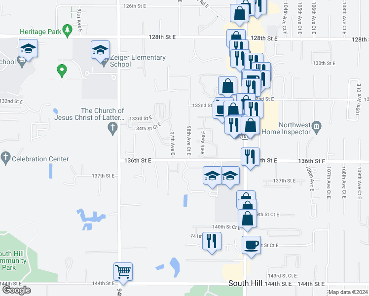 map of restaurants, bars, coffee shops, grocery stores, and more near 13524 98th Avenue Court East in Puyallup