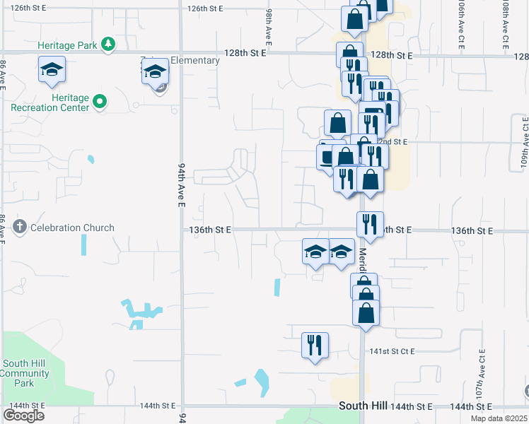 map of restaurants, bars, coffee shops, grocery stores, and more near 13529 97th Avenue East in Puyallup