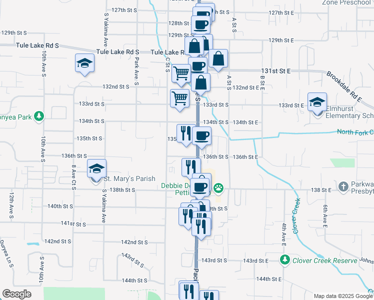 map of restaurants, bars, coffee shops, grocery stores, and more near 201 135th Street South in Parkland
