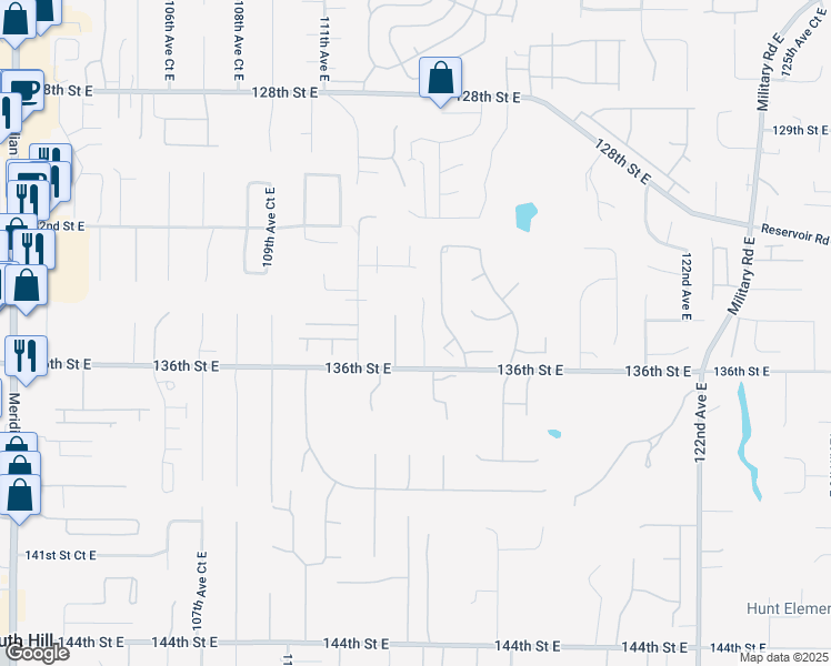 map of restaurants, bars, coffee shops, grocery stores, and more near 13402 115th Avenue East in Puyallup