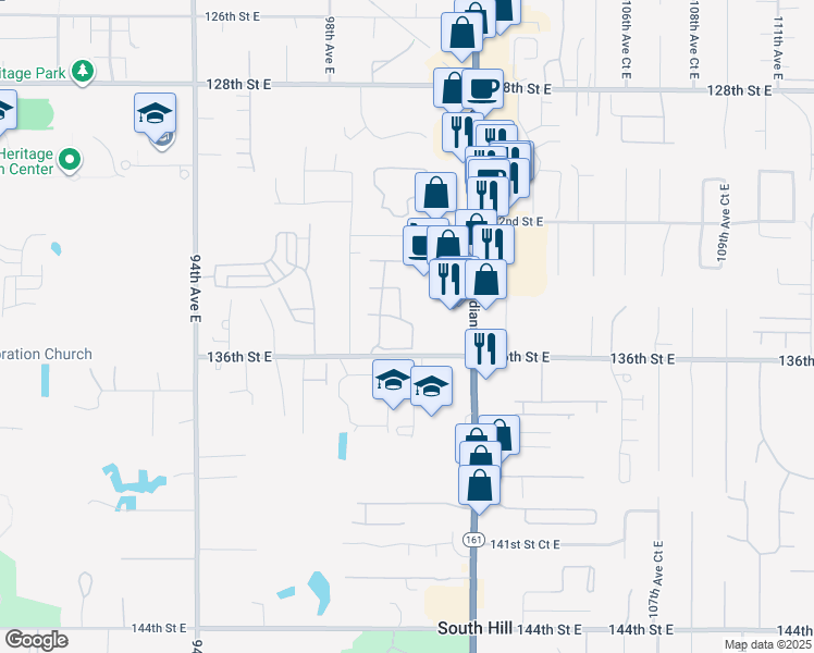 map of restaurants, bars, coffee shops, grocery stores, and more near 13308 Meridian East in Puyallup