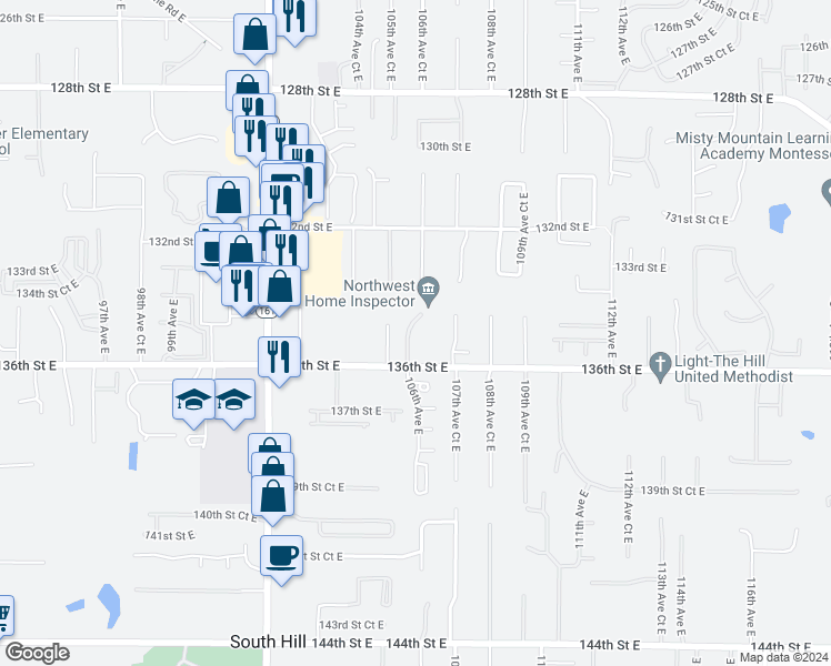 map of restaurants, bars, coffee shops, grocery stores, and more near 13410 106th Avenue East in South Hill