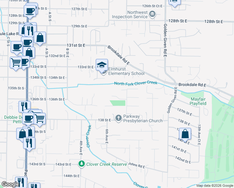 map of restaurants, bars, coffee shops, grocery stores, and more near 703 136th Street East in Tacoma