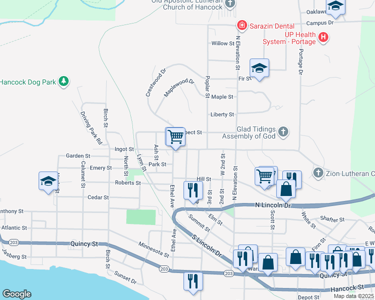 map of restaurants, bars, coffee shops, grocery stores, and more near 1236 Summit St in Hancock