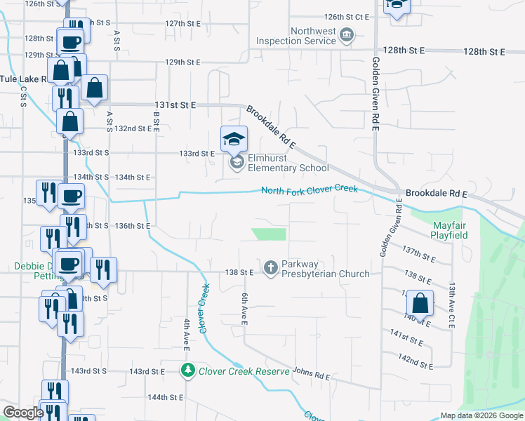 map of restaurants, bars, coffee shops, grocery stores, and more near 703 136th Street East in Tacoma