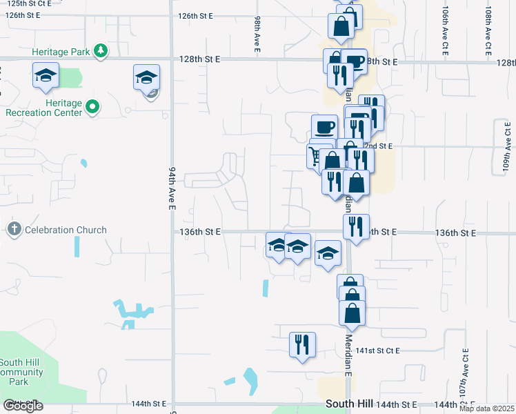 map of restaurants, bars, coffee shops, grocery stores, and more near 13412 98th Avenue Court East in Puyallup
