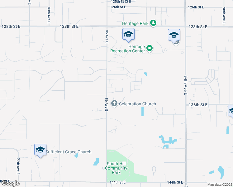 map of restaurants, bars, coffee shops, grocery stores, and more near 13414 87th Avenue Court East in Puyallup