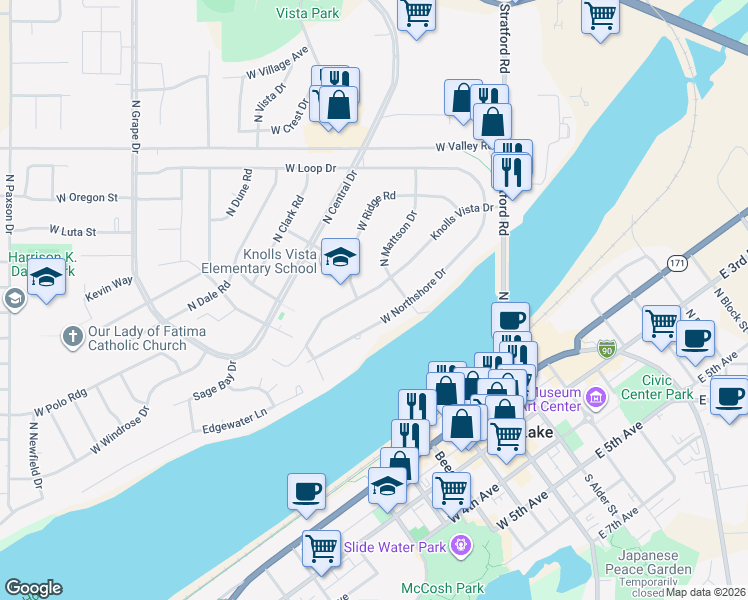 map of restaurants, bars, coffee shops, grocery stores, and more near 463 West Ridge Road in Moses Lake