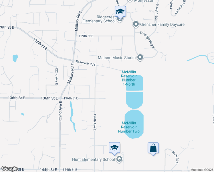 map of restaurants, bars, coffee shops, grocery stores, and more near 12617 134th Street Court East in Puyallup