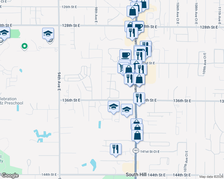map of restaurants, bars, coffee shops, grocery stores, and more near 9908 134th Street East in South Hill