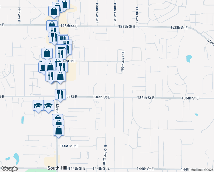 map of restaurants, bars, coffee shops, grocery stores, and more near 13412 107th Avct East in Puyallup