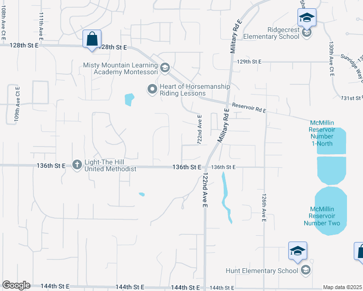 map of restaurants, bars, coffee shops, grocery stores, and more near 11972 134th Street East in Puyallup