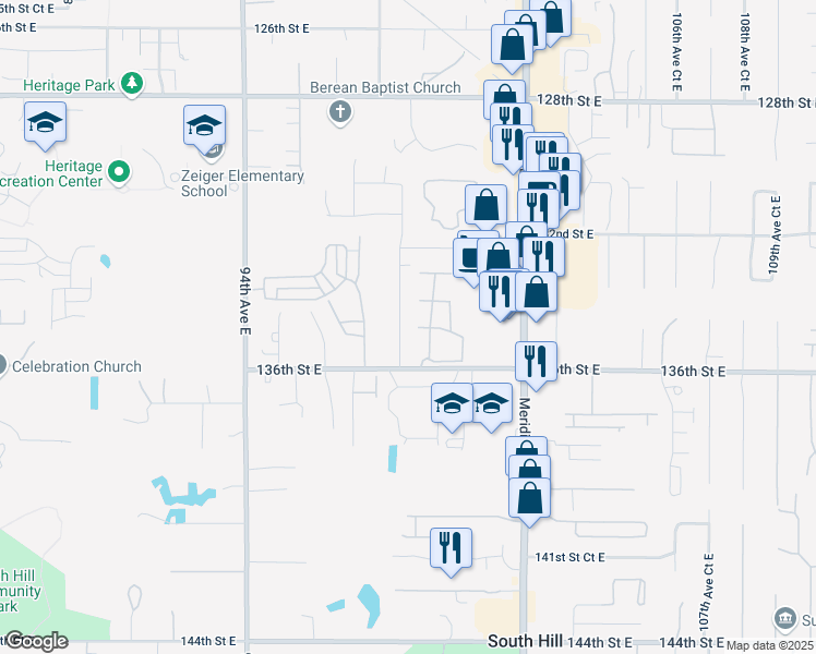 map of restaurants, bars, coffee shops, grocery stores, and more near 13412 98th Avenue Court East in Puyallup