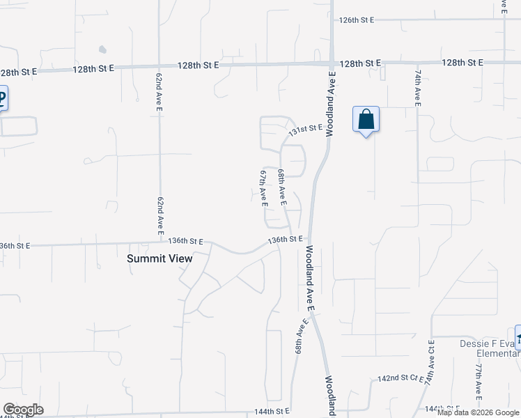 map of restaurants, bars, coffee shops, grocery stores, and more near 6701 135th Street East in Puyallup