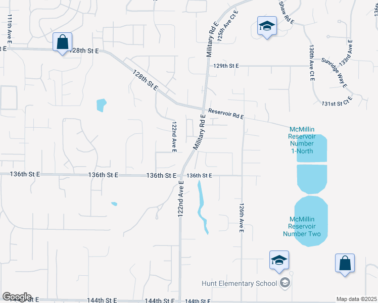 map of restaurants, bars, coffee shops, grocery stores, and more near 12222 134th Street East in Puyallup