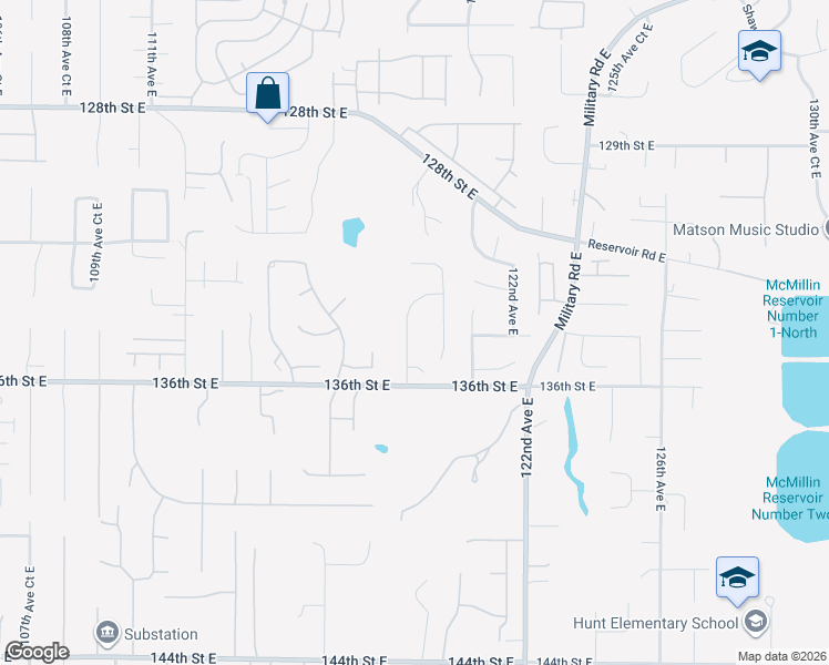 map of restaurants, bars, coffee shops, grocery stores, and more near 13407 118th Avenue Court East in Puyallup