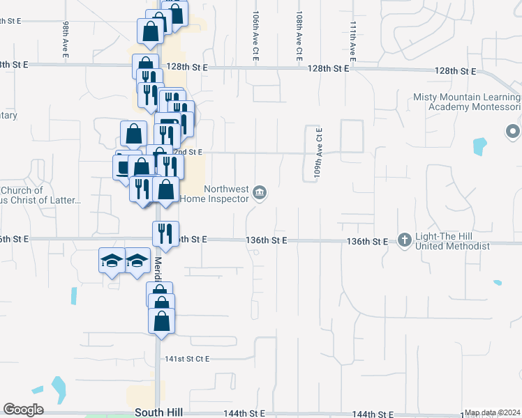 map of restaurants, bars, coffee shops, grocery stores, and more near 13412 107th Avct East in Puyallup
