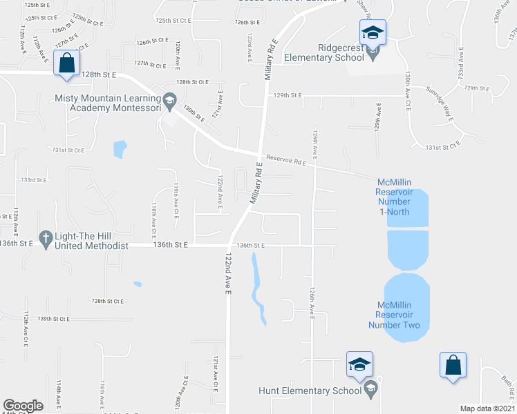 map of restaurants, bars, coffee shops, grocery stores, and more near 12401 134th Street Court East in Puyallup