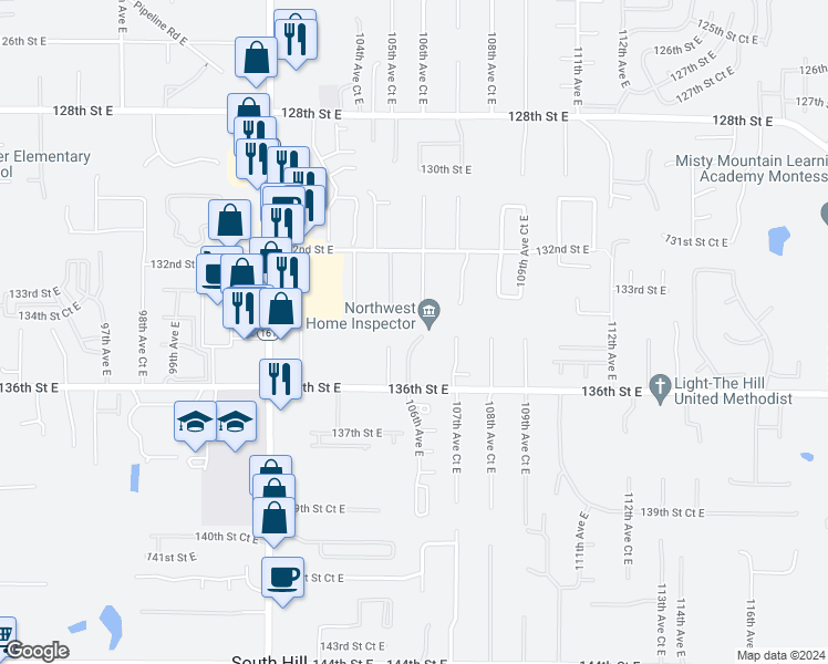 map of restaurants, bars, coffee shops, grocery stores, and more near 13410 106th Avenue East in South Hill