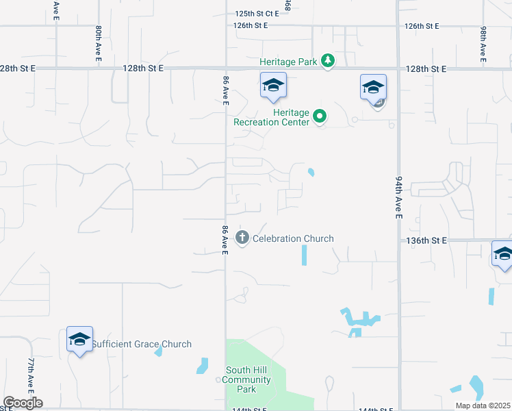 map of restaurants, bars, coffee shops, grocery stores, and more near 13414 87th Avenue Court East in Puyallup