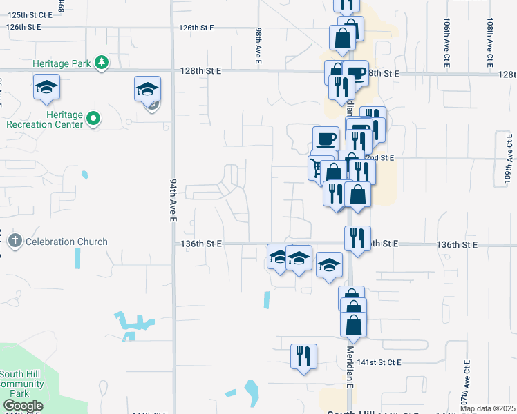 map of restaurants, bars, coffee shops, grocery stores, and more near 13412 98th Avenue Court East in Puyallup