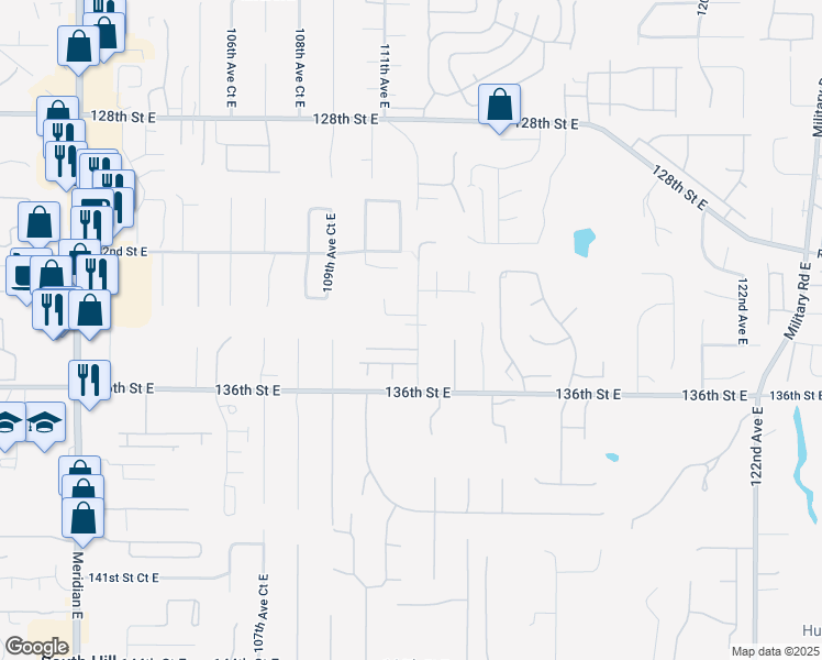 map of restaurants, bars, coffee shops, grocery stores, and more near 13403 112th Avenue East in Puyallup