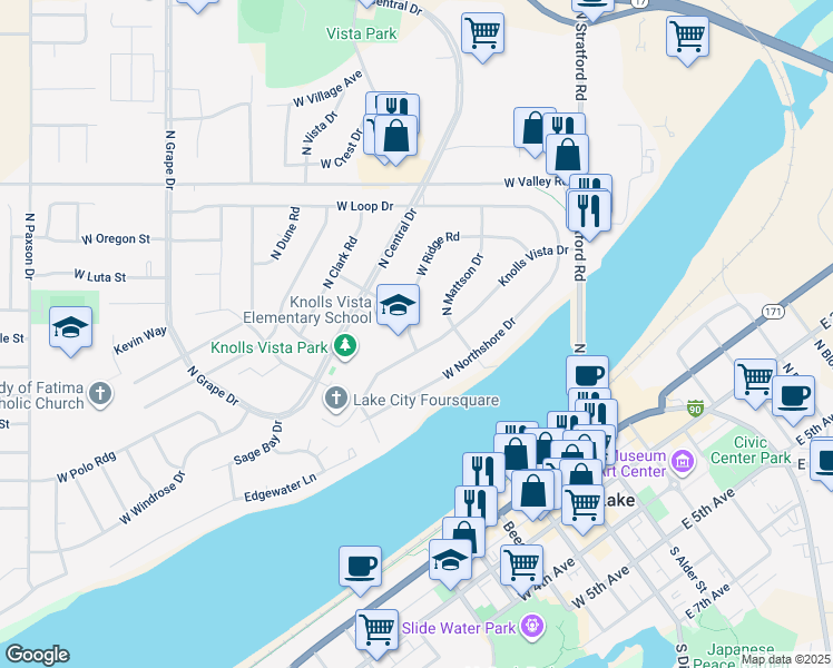 map of restaurants, bars, coffee shops, grocery stores, and more near 463 West Ridge Road in Moses Lake