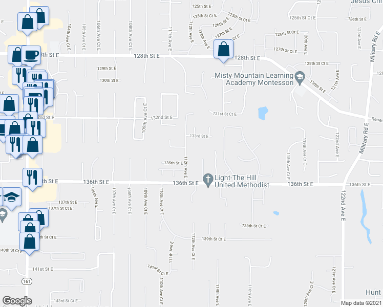 map of restaurants, bars, coffee shops, grocery stores, and more near 13403 112th Avenue East in Puyallup