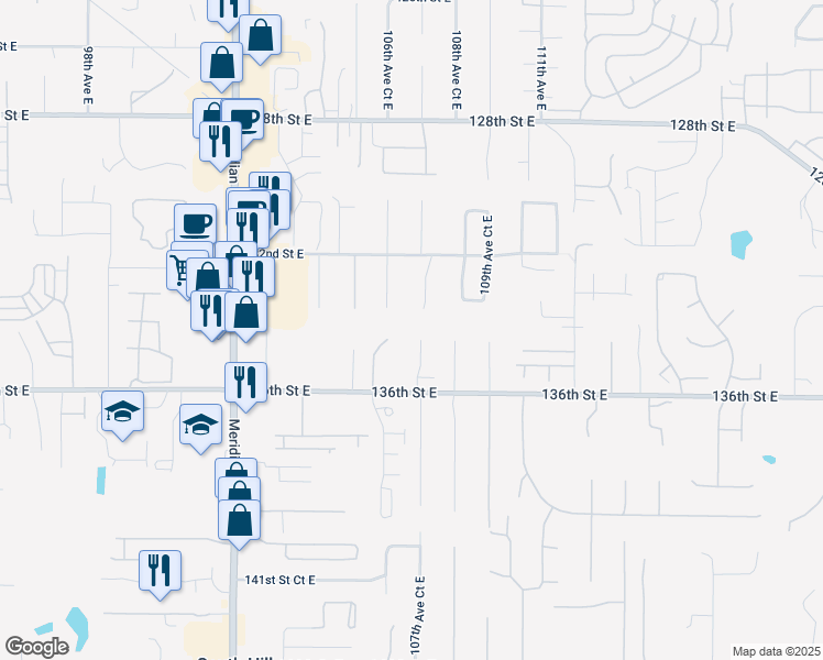 map of restaurants, bars, coffee shops, grocery stores, and more near 13412 107th Avenue Court East in South Hill