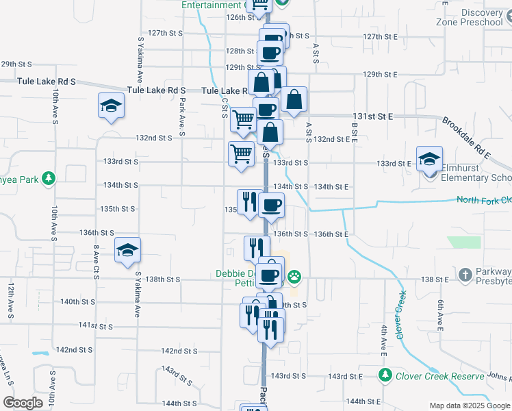 map of restaurants, bars, coffee shops, grocery stores, and more near 201-399 135th St S in Parkland