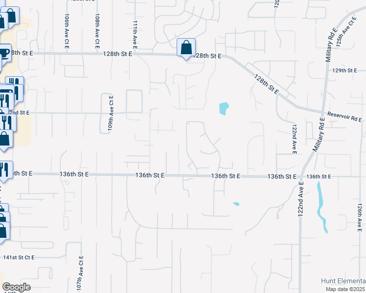 map of restaurants, bars, coffee shops, grocery stores, and more near 13402 115th Avenue East in Puyallup