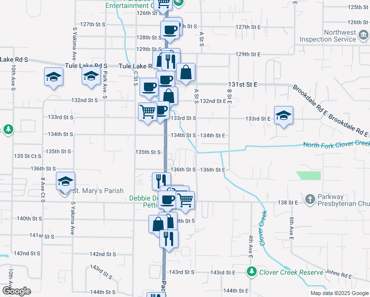 map of restaurants, bars, coffee shops, grocery stores, and more near 159 136th Street South in Tacoma