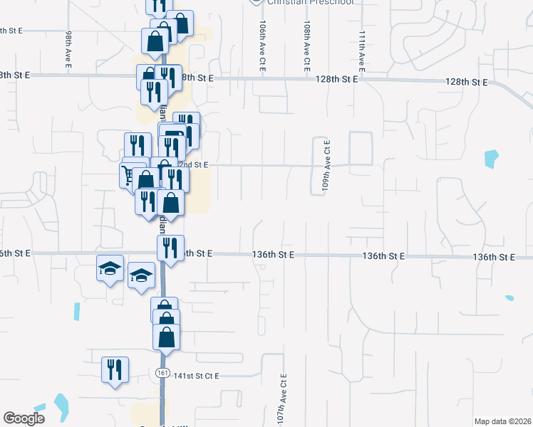 map of restaurants, bars, coffee shops, grocery stores, and more near 13410 106th Avenue East in South Hill