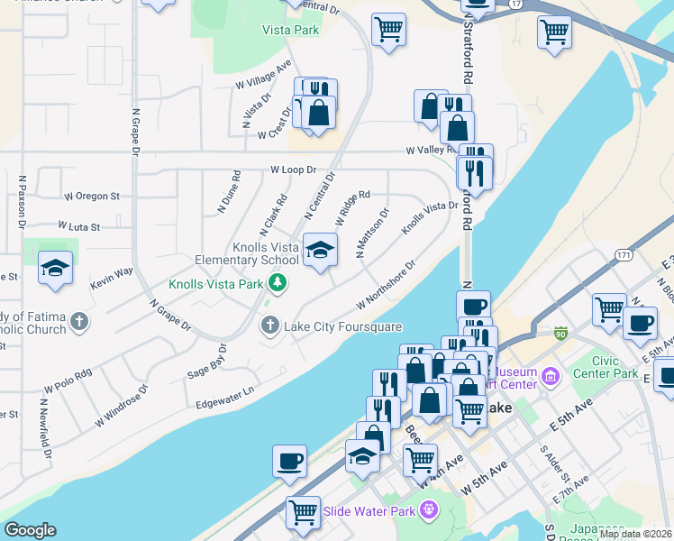 map of restaurants, bars, coffee shops, grocery stores, and more near 463 West Ridge Road in Moses Lake