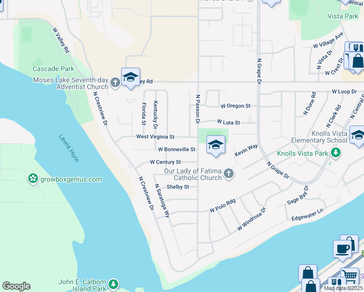 map of restaurants, bars, coffee shops, grocery stores, and more near 1316 West Bonneville Street in Moses Lake