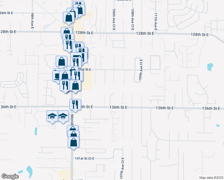 map of restaurants, bars, coffee shops, grocery stores, and more near 13410 106th Avenue East in South Hill